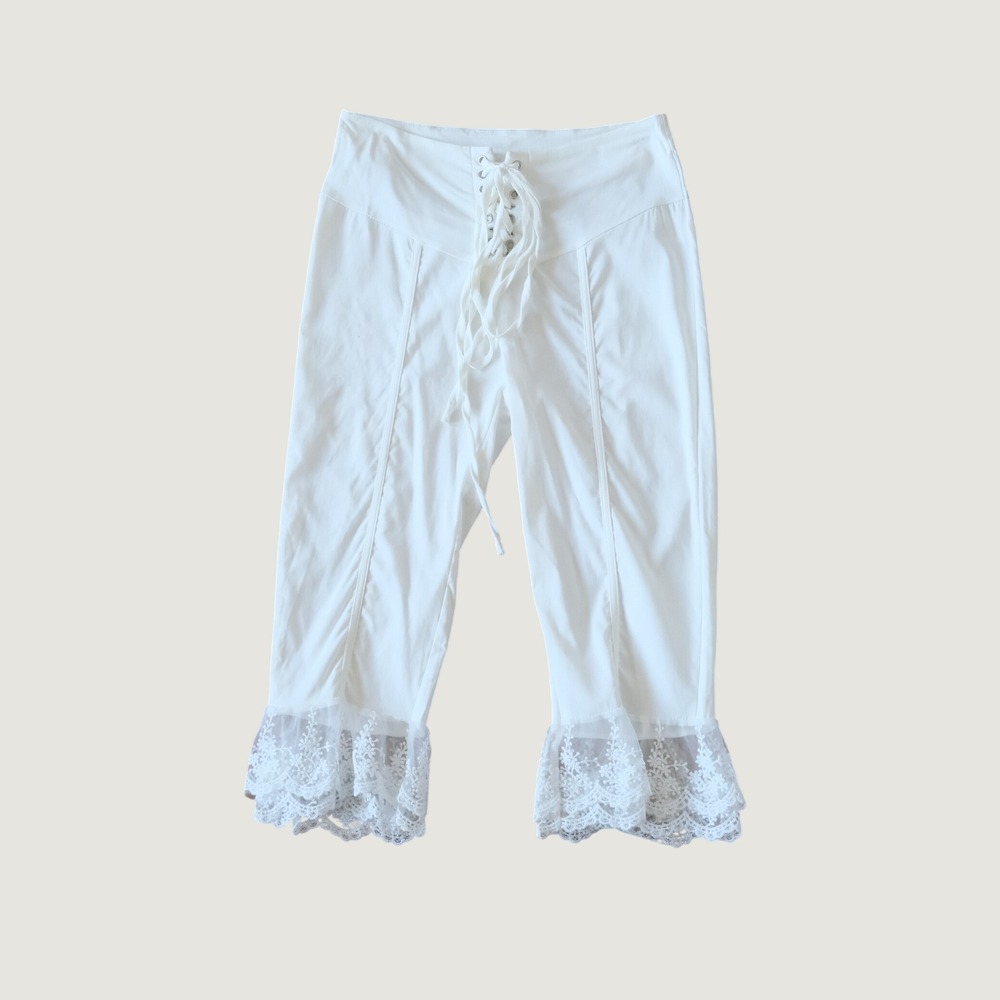 Unbranded Capri Pants White Lace Up Front Floral Lace Trim Coquette Small Y2K